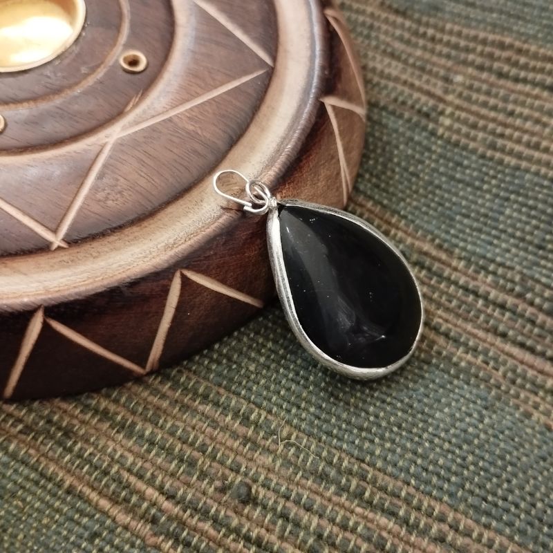 Μενταγιόν Μαύρος Οψιδιανός – Black Obsidian Silver Plated Drop