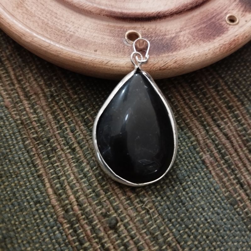Μενταγιόν Μαύρος Οψιδιανός – Black Obsidian Silver Plated Drop